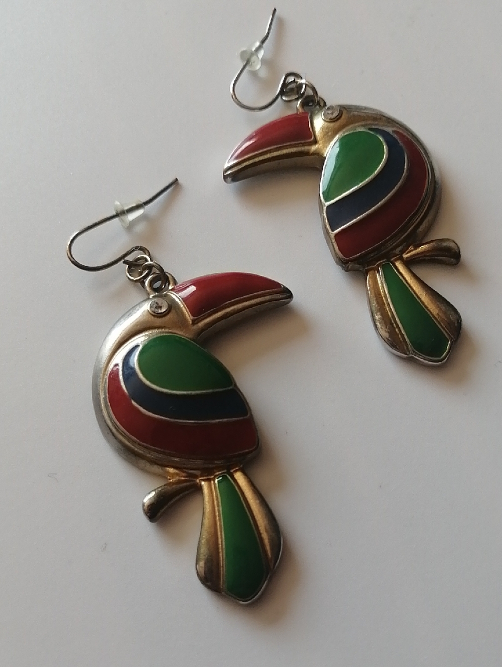 Toucan Drop Earrings Colourful Green Red Blue Enamel Inlay Crystal Eyes Parrots